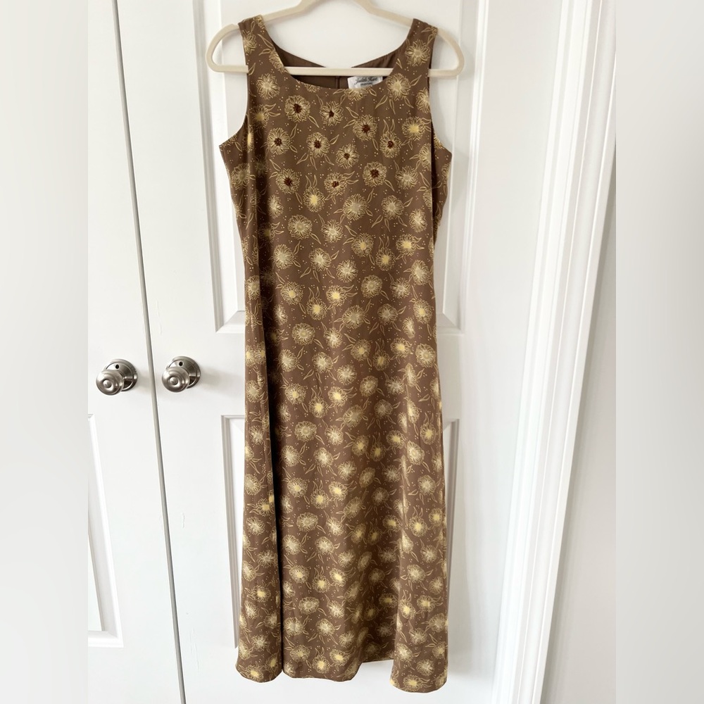 Vintage Brown Floral Sleeveless Retro Sunflower Print A-Line Summer Midi Dress